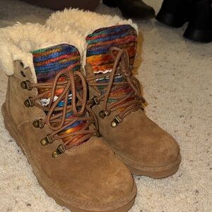 BearPaw Brown Suede Moccasins with Multicolor Knit